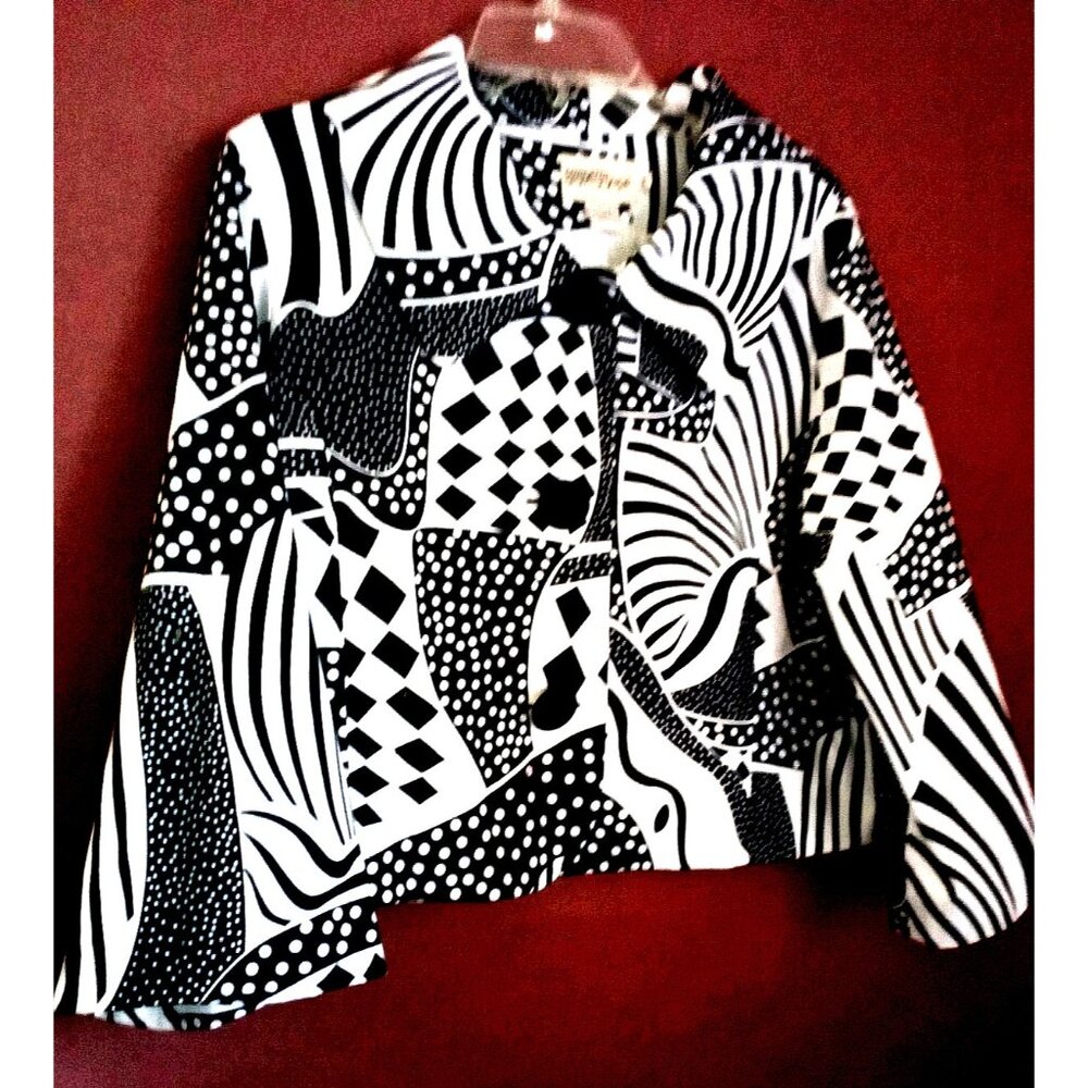 VTG Concerto Women Cropped Cotton Jacket Size XL Collared Geometric Bold BK/WH